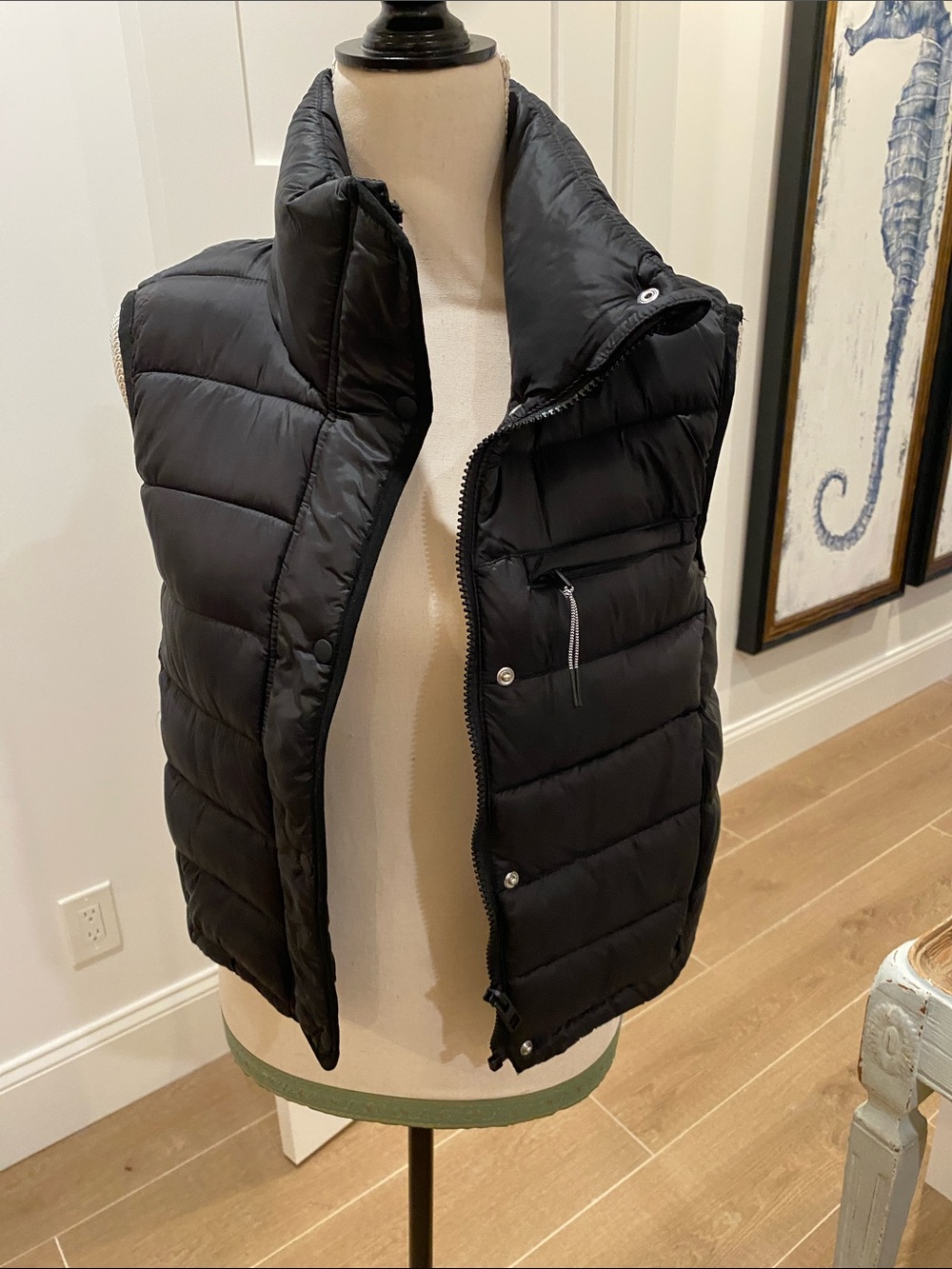 Zara Black Quilted Puffer Vest with High Collar and Zip Chest Pocket